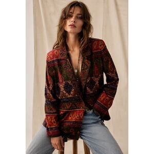 Vintage 90s Eric Ryan Sport Boho Print Beaded Tassel Longline Blazer Large Artsy